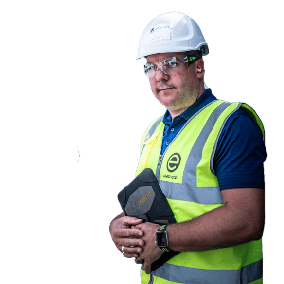 Element environmental test engineer with tablet for recording data for workplace safety assessment