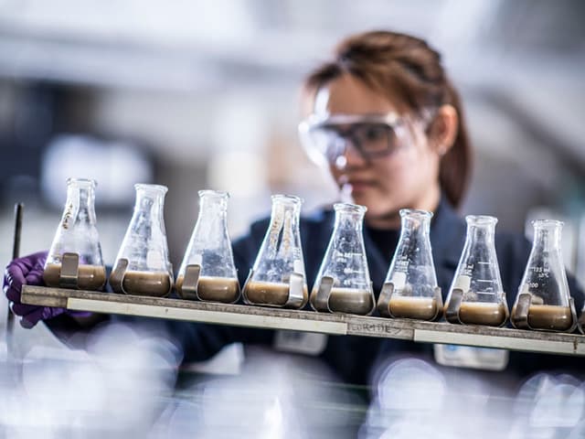 Environmental consultant in hard hat in field with wind turbines in background