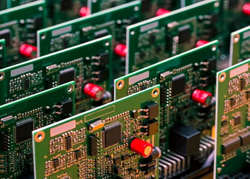 Close up of a set of green printed circuit boards